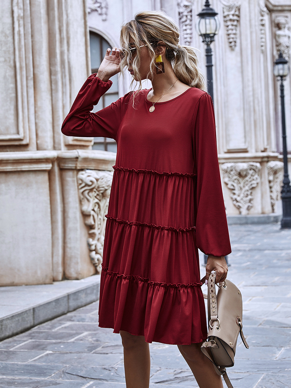  hot style round neck large swing skirt ruffled stitching long-sleeved knitted dress  NHDF62