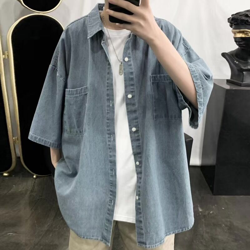 2026 Summer New Korean Style Denim Short-Sleeved Shirt for Men, Hong Kong Style Trendy Loose and Versatile Casual and Handsome Shirt
