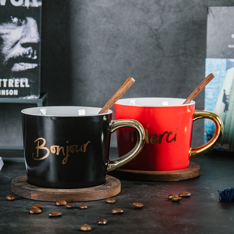 Taza de café de cerámica taza de agua con taza de nuez cucharada LOGO personalizado