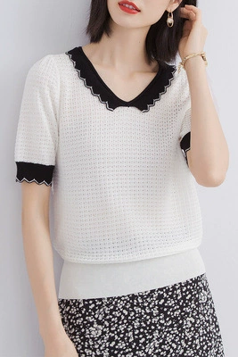 Гонконгский рис [хорошее качество, чтобы быть постоянным покупателем] Тонкий! Французский стиль Хепберн Сладкая волна Маленький отворот с коротким рукавом T