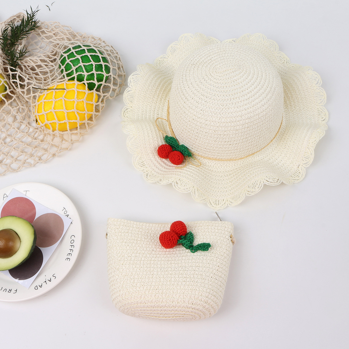 Cherry Lace Wave Straw Hat Bag Set Children&#39;s Sun Hat Summer New Outdoor Sun Hat display picture 2