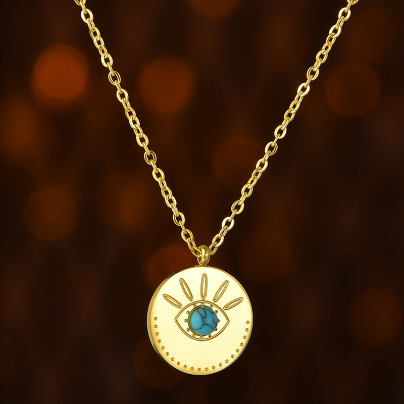 New  Retro Wild Gold Round Eyes Turquoise Necklace display picture 5