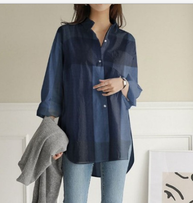 Women's Autumn Long Sleeve Shirt Casual Loose Shirt Kaftan Plaid Top Pocket Asymmetrical Lined Shirt
