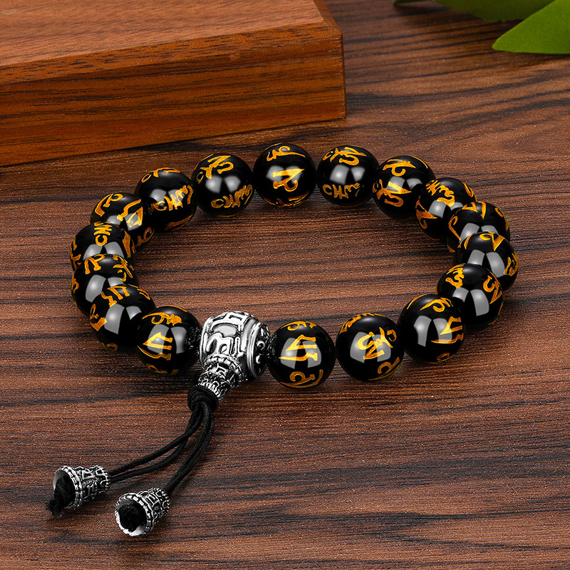 Imitation natural obsidian hot stamping six-character mantra beads bracelets Buddha head stupa tee rosary Buddhist Thai silver bracelet