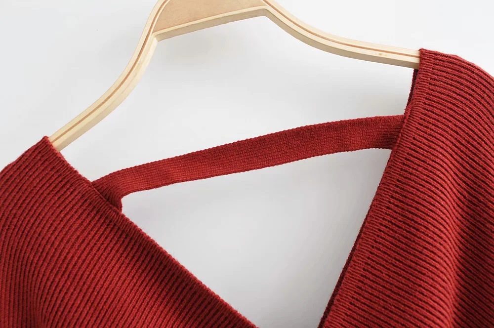 V-Neck Mid-Length Slit Long-Sleeved Receiving Waist Knitted Dress NSZQW115387