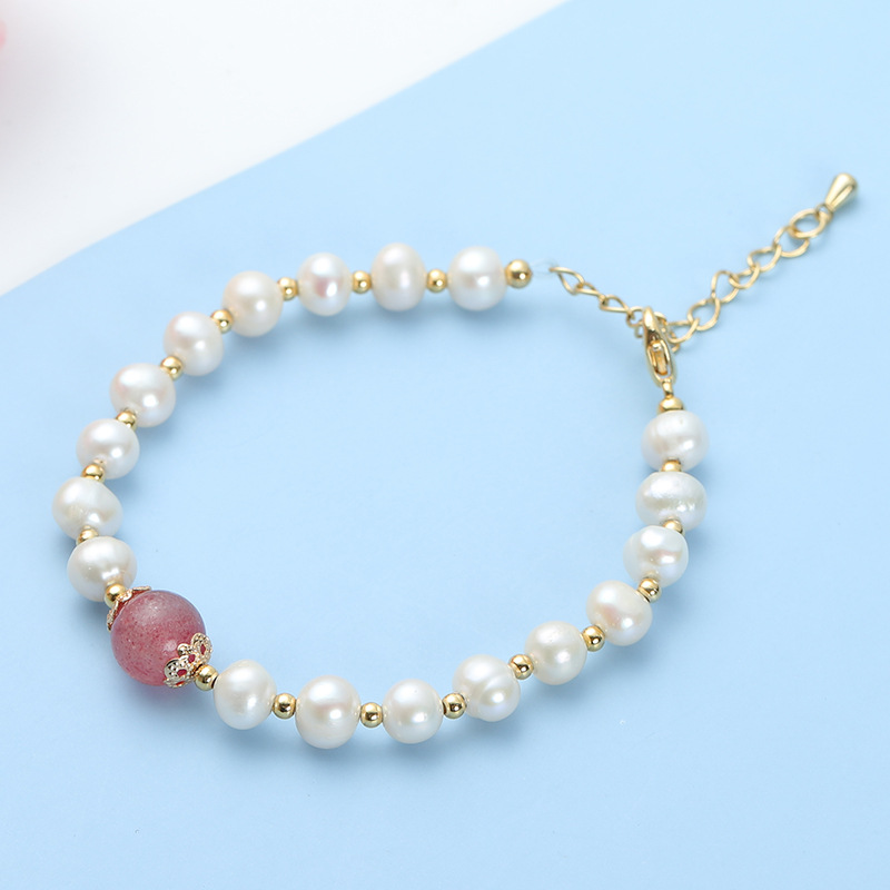 Pulsera de miel de tocador de perlas de agua dulce natural ShuxiuWang diseño de nicho estilo coreano pulsera roja solo cristal de fresa