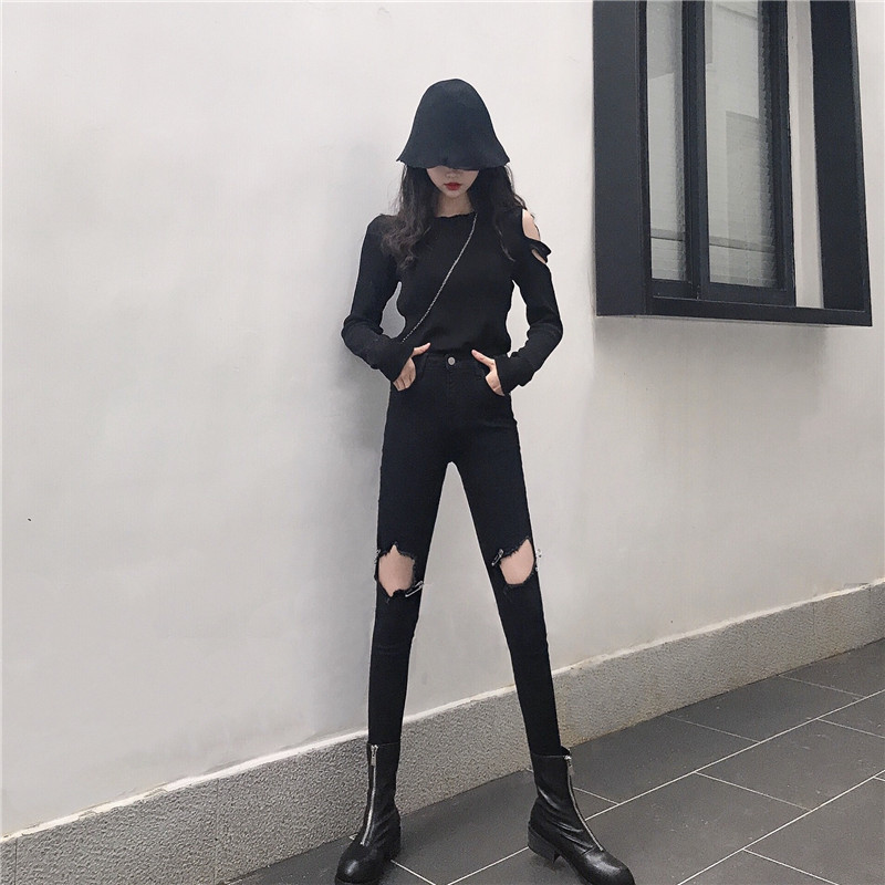 Real shot Nett personality Street style knee Pin hole Self cultivation Pencil Pants Sweater strapless Long sleeve