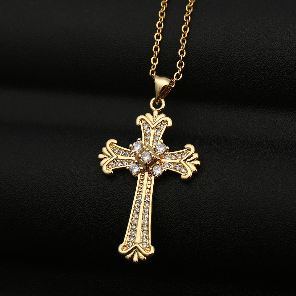 Copper Micro-inlaid Zircon Cross Pendant Necklace display picture 2