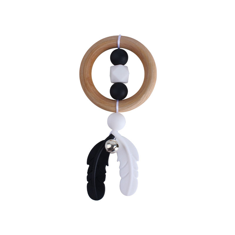 Nueva historieta DIY Hemu anillo de mano sonajero juguete mordedor infantil cuentas de plumas de silicona dientes de molienda palo