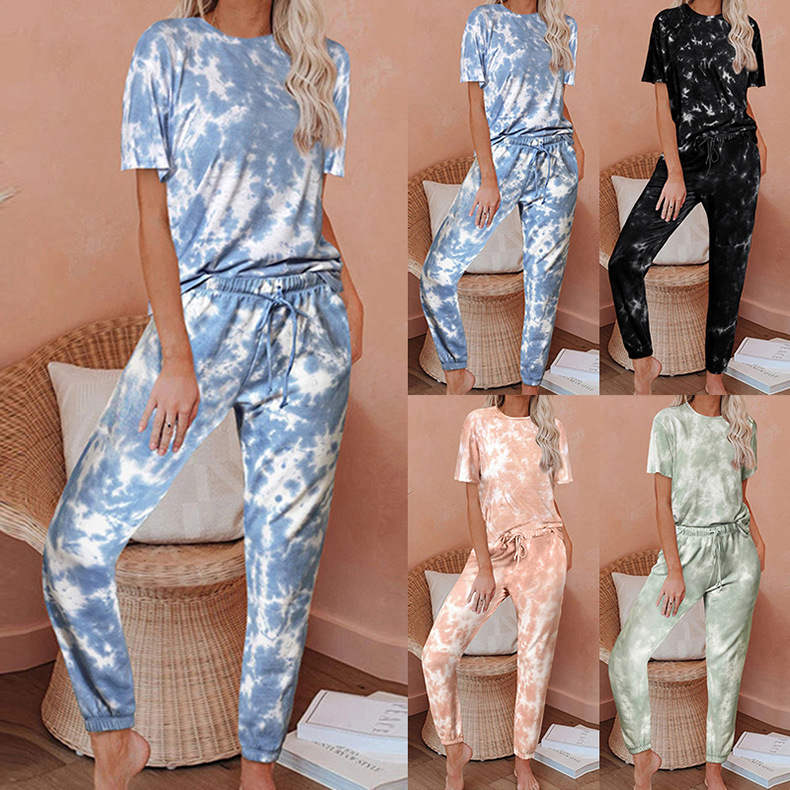 Pijamas de manga corta con efecto tie-dye con estampado de color degradado de nuevas mujeres calientes NSKX6239