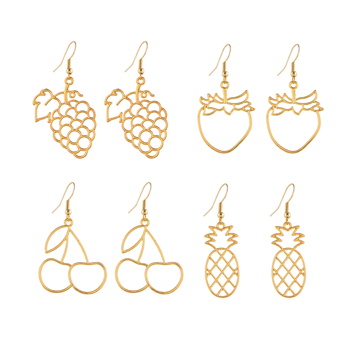 Ensemble De 4 Boucles D&#39;oreilles À La Mode, Fruits Creux, Raisin, Fraise, Cerise, Ananas display picture 1