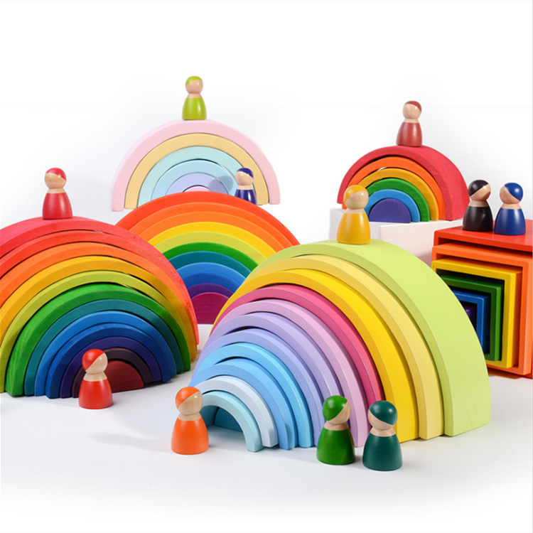 木质益智实木12片拱形彩虹桥积木儿童叠叠乐幼儿早教亲子互动玩具