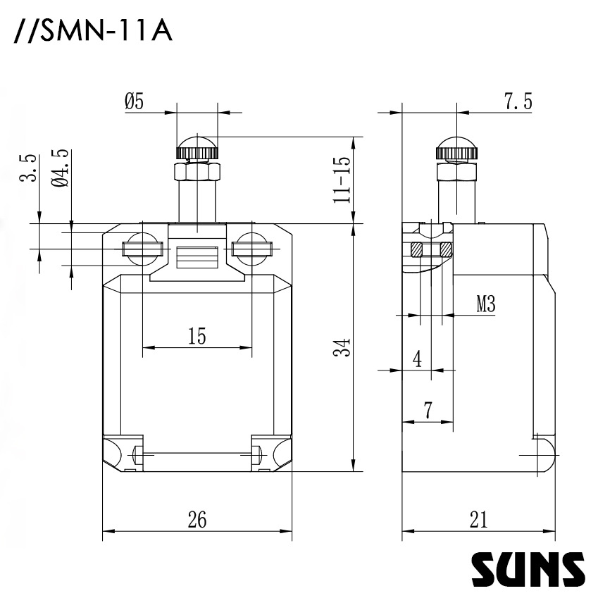 SUNS美国三实小型行程开关SMN-11A安全限位开关尺寸图