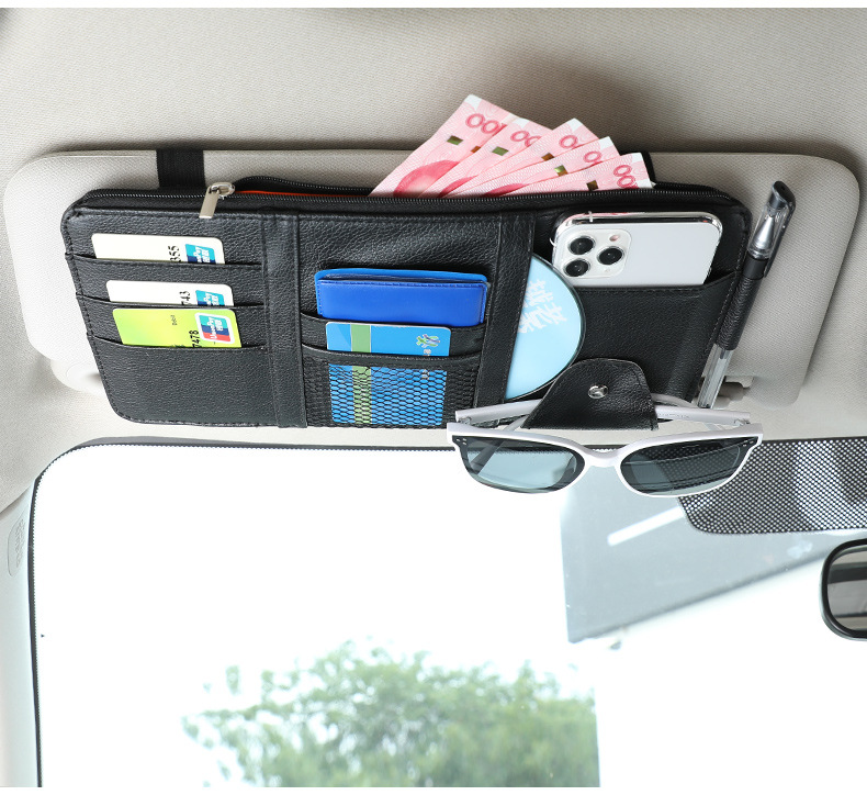Cross-Border Car Sun Visor Glasses Clip Zipper Type Car Ticket Holder Sunshade Car Phone and Document Holder Storage Bag