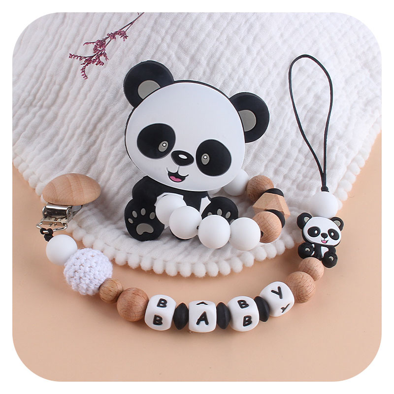 Nombre del bebé personalizable Panda chupete cadena Bebé haya chupete clip de dibujos animados Panda cuentas de silicona juguete mordedor