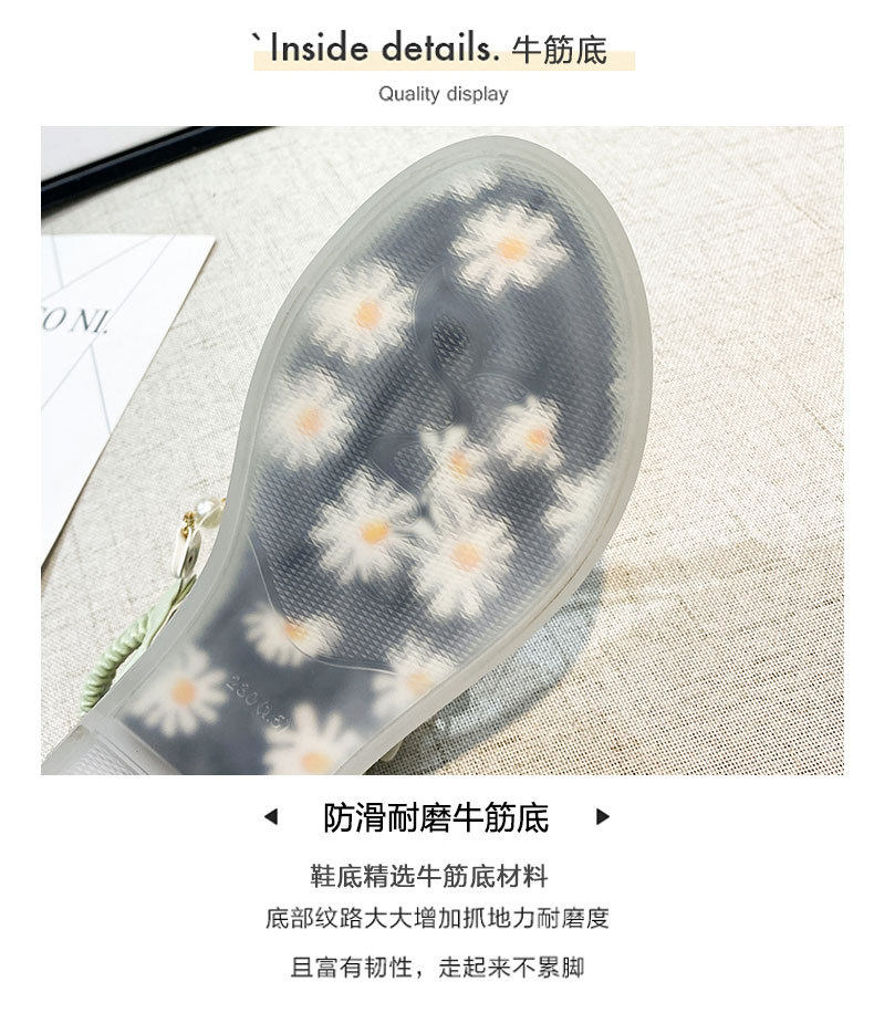 Dép sandal nữ quai ngang đính ngọc trai và đá lấp lánh, đế bệt mũi tròn — Màu mơ, Màu đen chi tiết 9