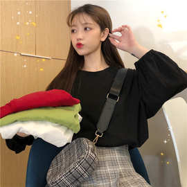 网红灯笼袖T恤女小清新2019新款秋装韩版宽松牛油果chic港味上衣