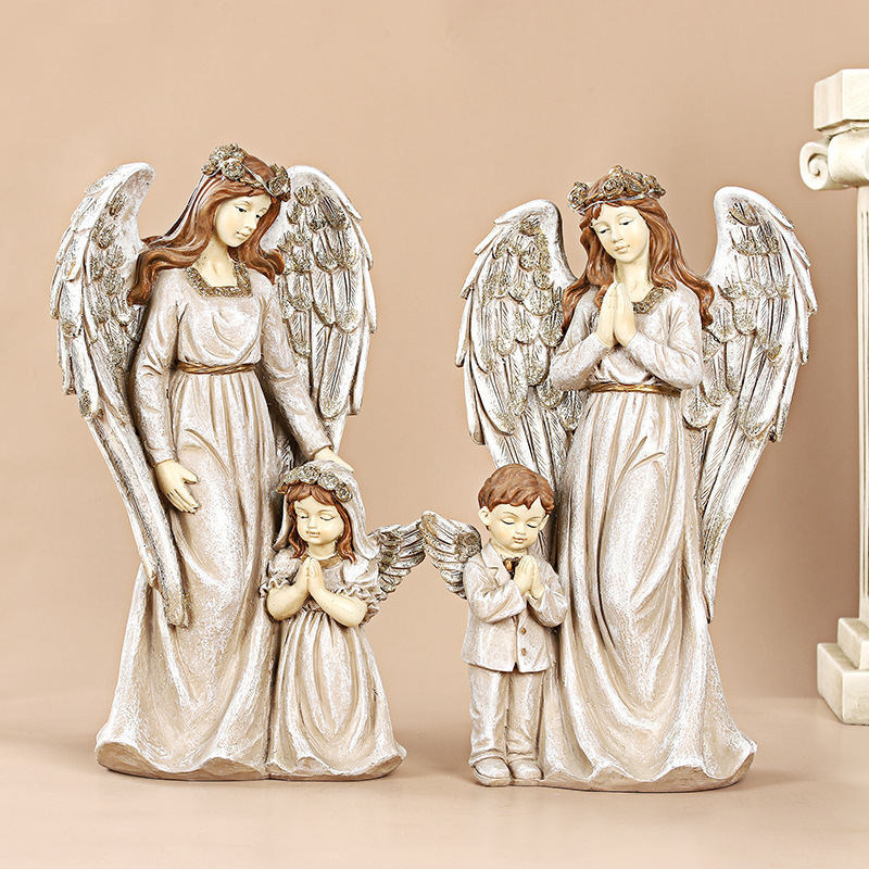 European style home decoration courtyard villa decoration LED family of four indoor resin crafts figure Angel