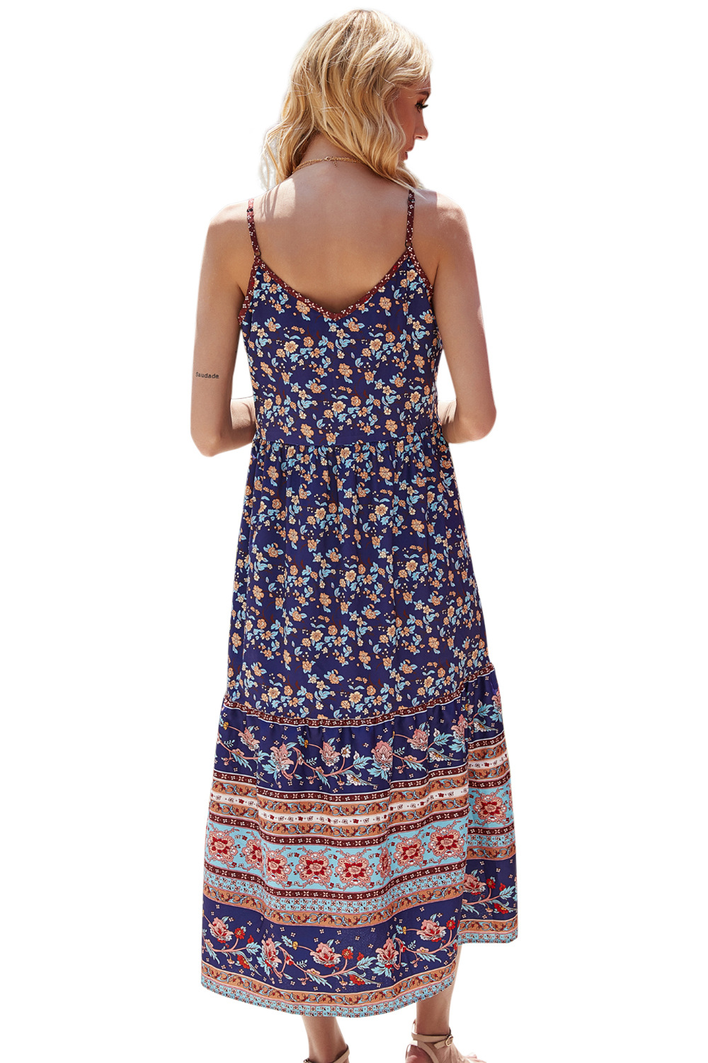 print loose V-neck stitching large swing suspender dress women's clothing NSDF1593
