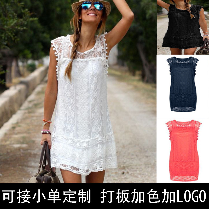 2021速卖通EBAY新款 欧美白色蕾丝花边毛球优雅无袖连衣裙 有里布