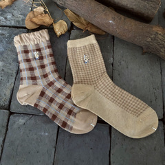 Spring and Summer Style 200N Forest System Retro Bubble Mouth Casual Girls Socks, Academic British Style Floral Check Cotton Socks