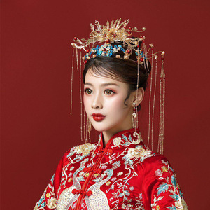 Blue phoenix crown china ancient style wedding dress headdress Chinese tassel hair accessories antique wedding jewelry women
