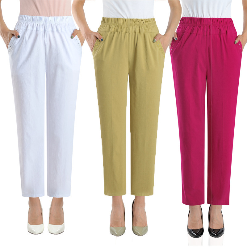 Cotton Middle-aged Women's Straight Ankle-length Pants Middle-aged Women's Pants High Waist Stretch Casual Pants Elastic Waist Summer Clothes for Mother