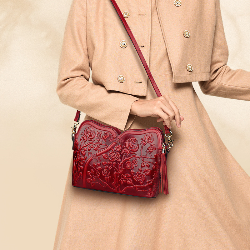 Upasaka Leather bags 2021 new pattern Inclined shoulder bag Retro Embossed leather tassels One shoulder Diagonal bag