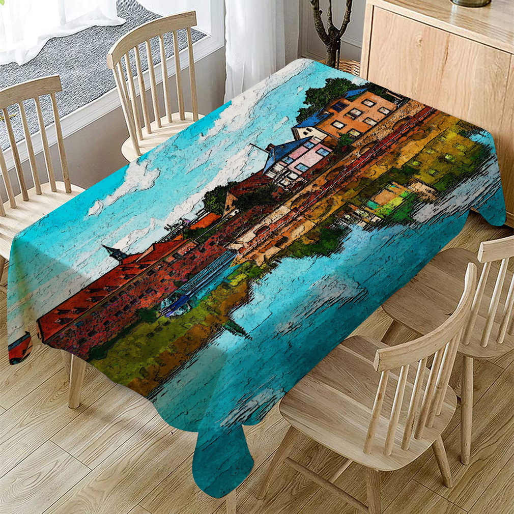 亚马逊wish热销 风景油画系列棉麻桌布批发 亚麻茶几台布餐桌布