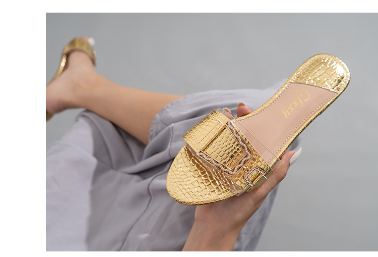 Cfxxy Cross Border Stone Pattern Flat Women S Sandales Pantoufles Mode Strass Boucle De Ceinture_voghion.com