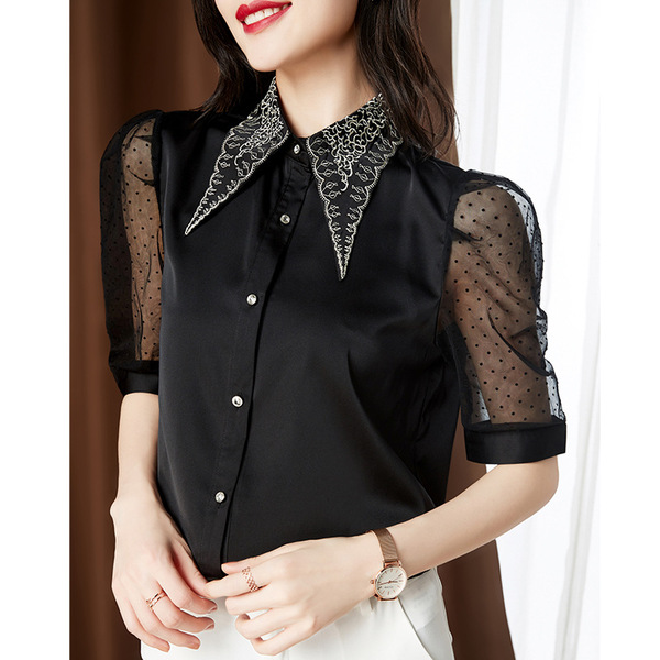 Black embroidery mesh shirt women’s short sleeve small Korean version chiffon shirt
