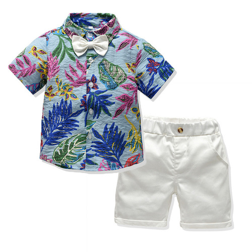 外贸夏季短袖套装 多色领结衬衫短裤两件套 跨境热批 沙滩风欧美