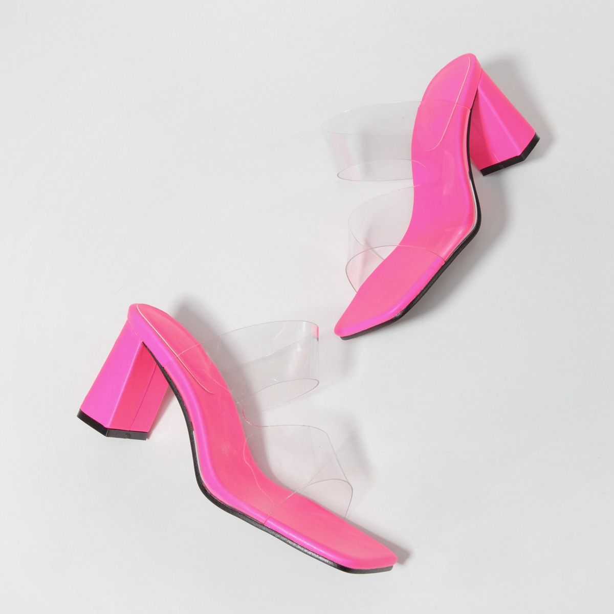 Candy-colored sandals Fashion high heels Transparent PVC flip-flops with high heels and square toe_voghion.com
