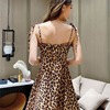 V-neck low chest leopard drawstring dress A-line umbrella skirt + long sleeve short blouse