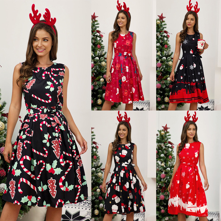 2021eaby Amazon Independent Station Hot Sale Round Neck Sleeveless Christmas Print Dress 3952