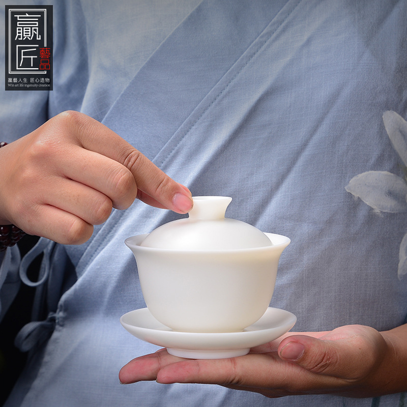 Ganador artesanal Kung Fu té de porcelana blanca tres talentos tazón de té de cerámica hecha a mano taza de té de grasa de cordero de porcelana de jade cubierta de té de boda