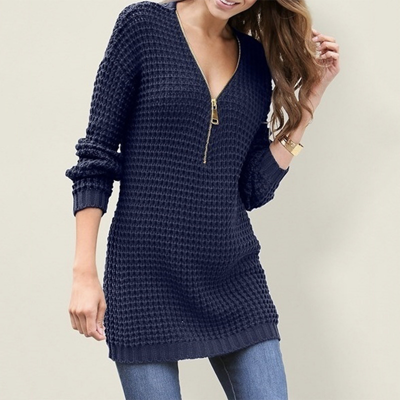Nuevo suéter de moda para mujer 2026, estilo europeo y americano, suéter vestido con cremallera y cuello en V de longitud media, superventas en AliExpress