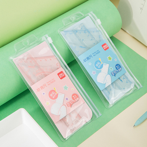 Deli 79520 15cm transparent soft ruler cartoon set ruler plastic triangle ruler protractor stationery set