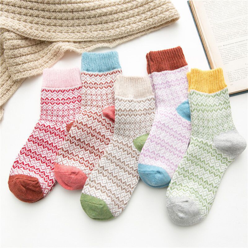 Women's Retro Color Block Polyester Blending Crew Socks 5 Pairs display picture 6