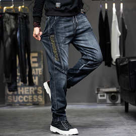 胖子松紧腰系带加肥加大码牛仔裤男潮牌束脚宽松小脚拼接秋季长裤