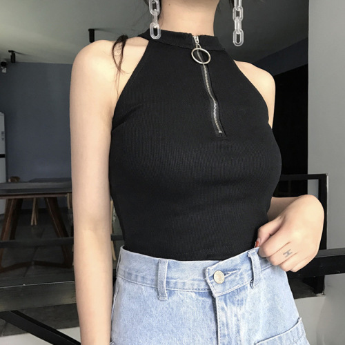 Wholesale Hong Kong style chic retro zipper high neck slimming short vest strapless women's hanging neck undershirt 