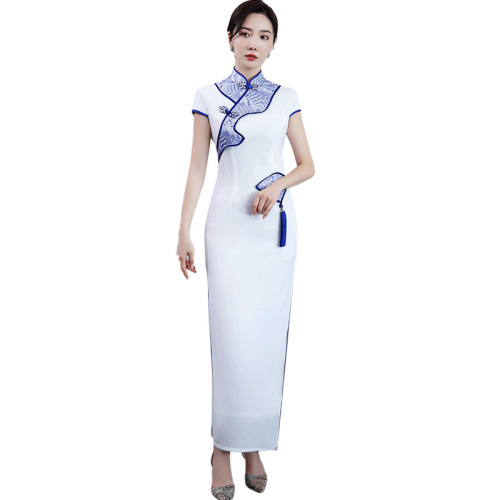 White with blue chinese dress retro oriental qipao wedding Long  model show miss etiquette  cheongsam dress 