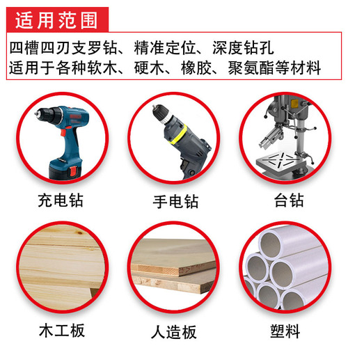 Woodworking drill four-slot four-edged wooden door lock drawer punching and reaming extended hexagonal handle twist woodworking drill bit