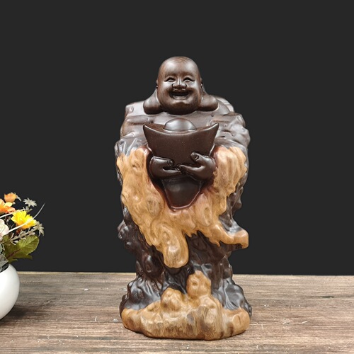 Black Sandalwood Fortune Bearer with Natural Skin, Maitreya Buddha Wood Carving Ornament, Handicraft Gift