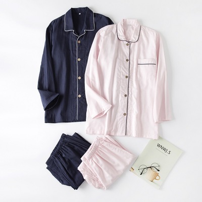 秋季純棉紗布棉情侶家居服男士女士全棉雙層紗布睡衣褲長袖套裝