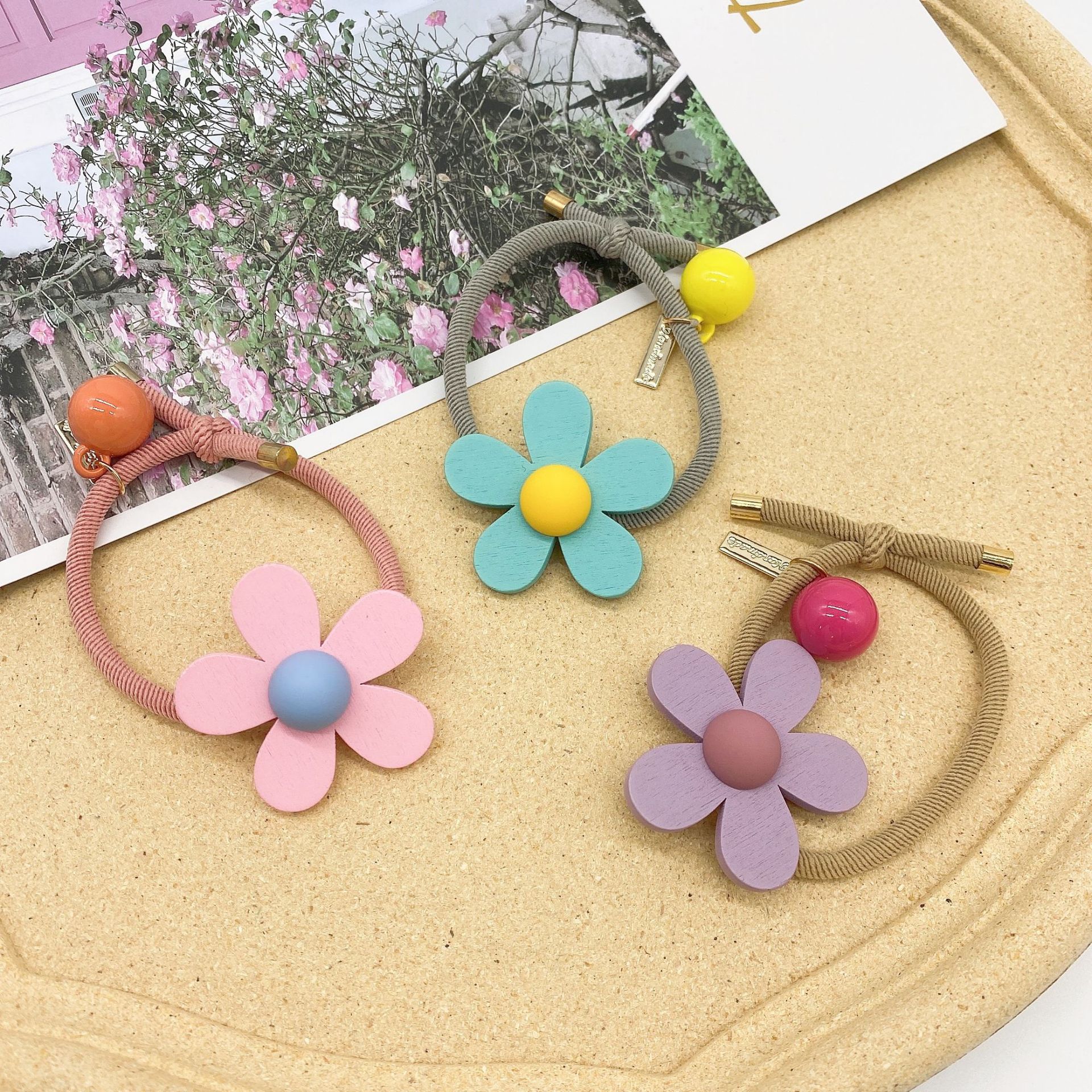 Cute Candy-colored Flower Wooden Hair Rope display picture 3