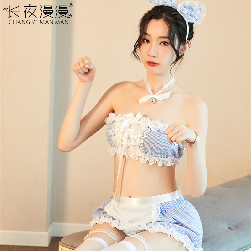 Long Night Sexy Lingerie Feminine Blue Checkered Maid Maid Uniform Temptation Suit Dropshipping 1535