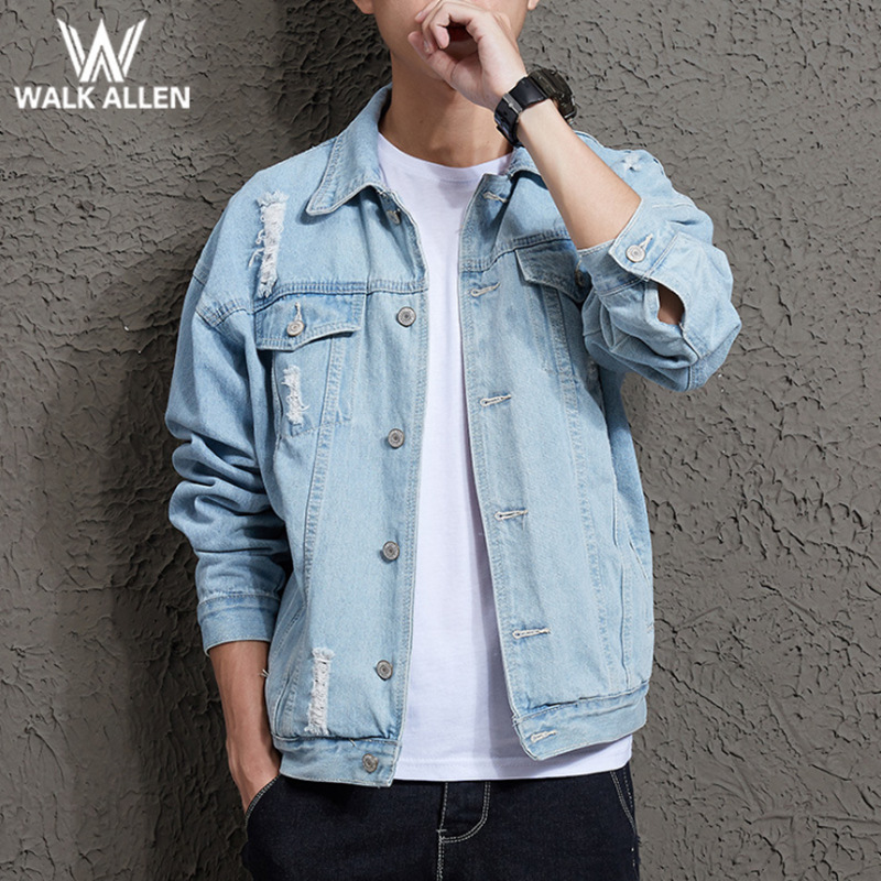 Spring Men's Denim Jacket Hole Korean Tr...