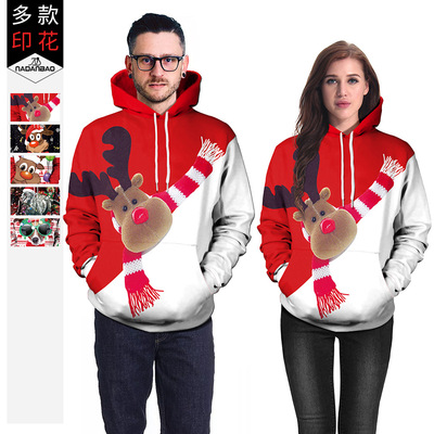 2020 Autumn and winter coat new pattern clothing Color matching Elk Christmas animal printing Couples dress Hooded Sweater wholesale