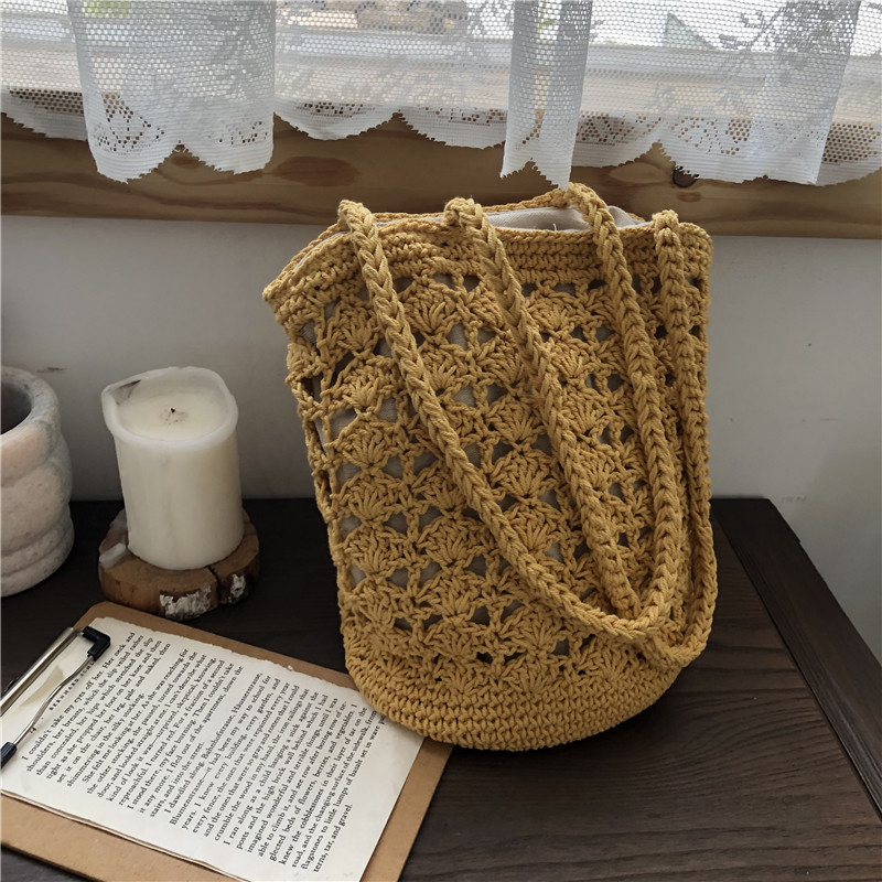 Storage Basket Bag, Rattan Handbag, Woven Shoulder Bag, Handmade Natural Rattan & Seagrass, Leather Trim, Eco-Friendly, Lightweight, Durable For Daily_voghion.com